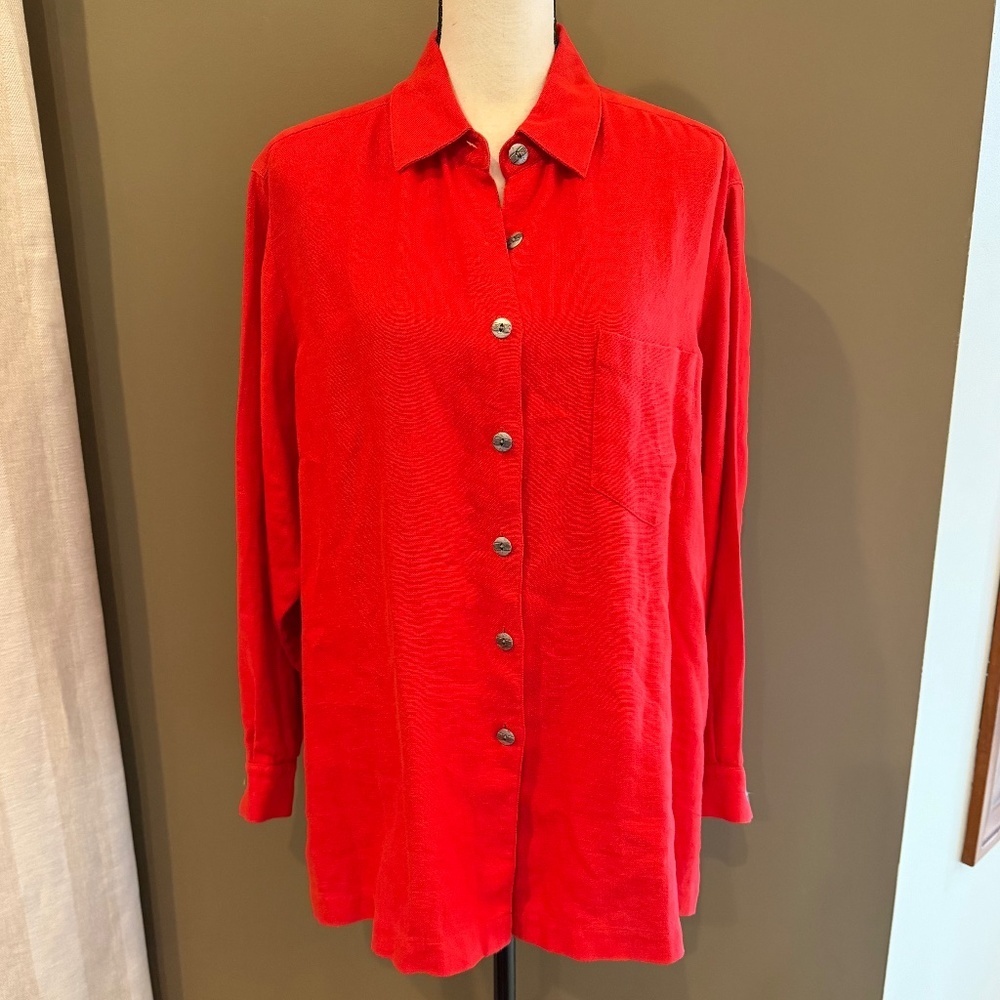 Saks 5th Avenue Real Clothes, Red/Coral Linen Button Down Blouse, Size 14
